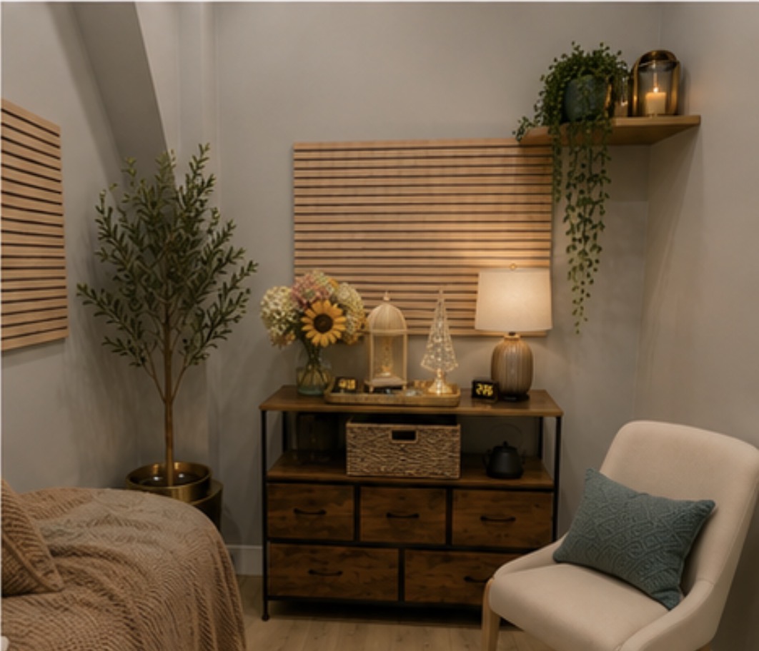 Comfortable chair beside a wooden dresser with fresh flowers, a lamp, and greenery