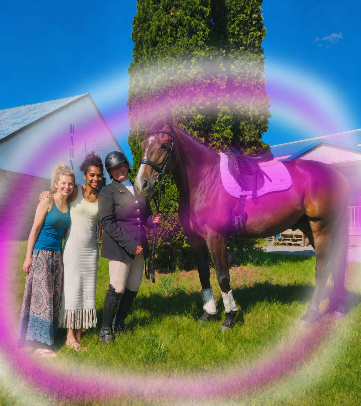 Aura image of Natalie, Lisa Burwell, and Linda Plank standing with a horse at the barn, surrounded by a soft violet and rose energy field.