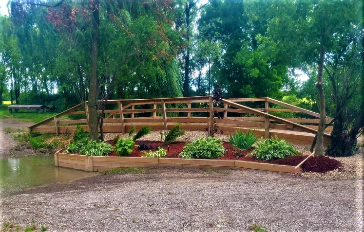 A wooden bridge with hosta gardens crossing the pond at Sprucehaven Farm.