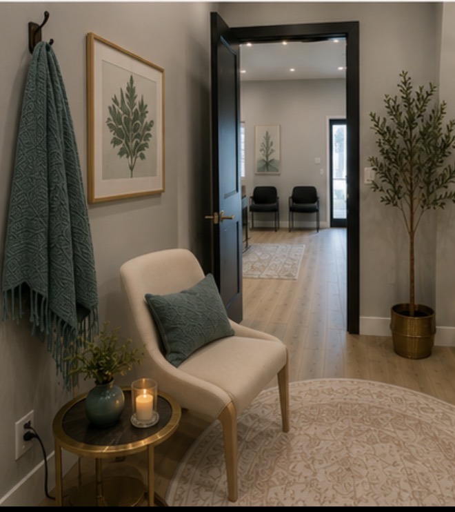 Armchair in a quiet entry corner with a framed botanical print, coat hook, and doorway to the waiting area