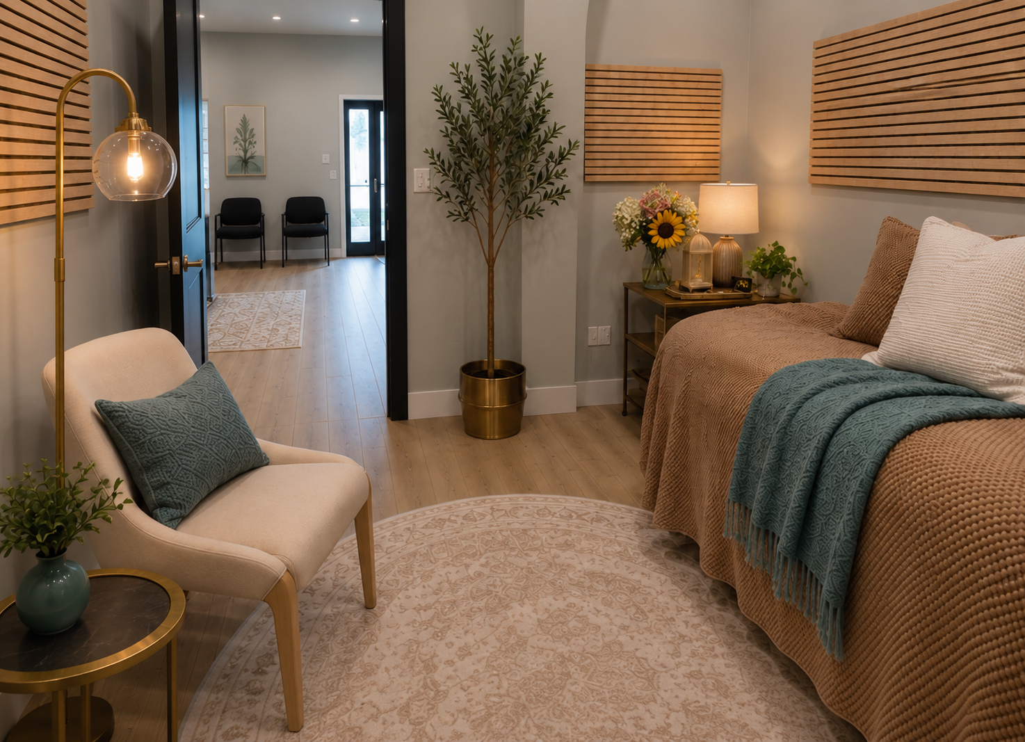 The warm and comfortable Somatic Tones therapy room