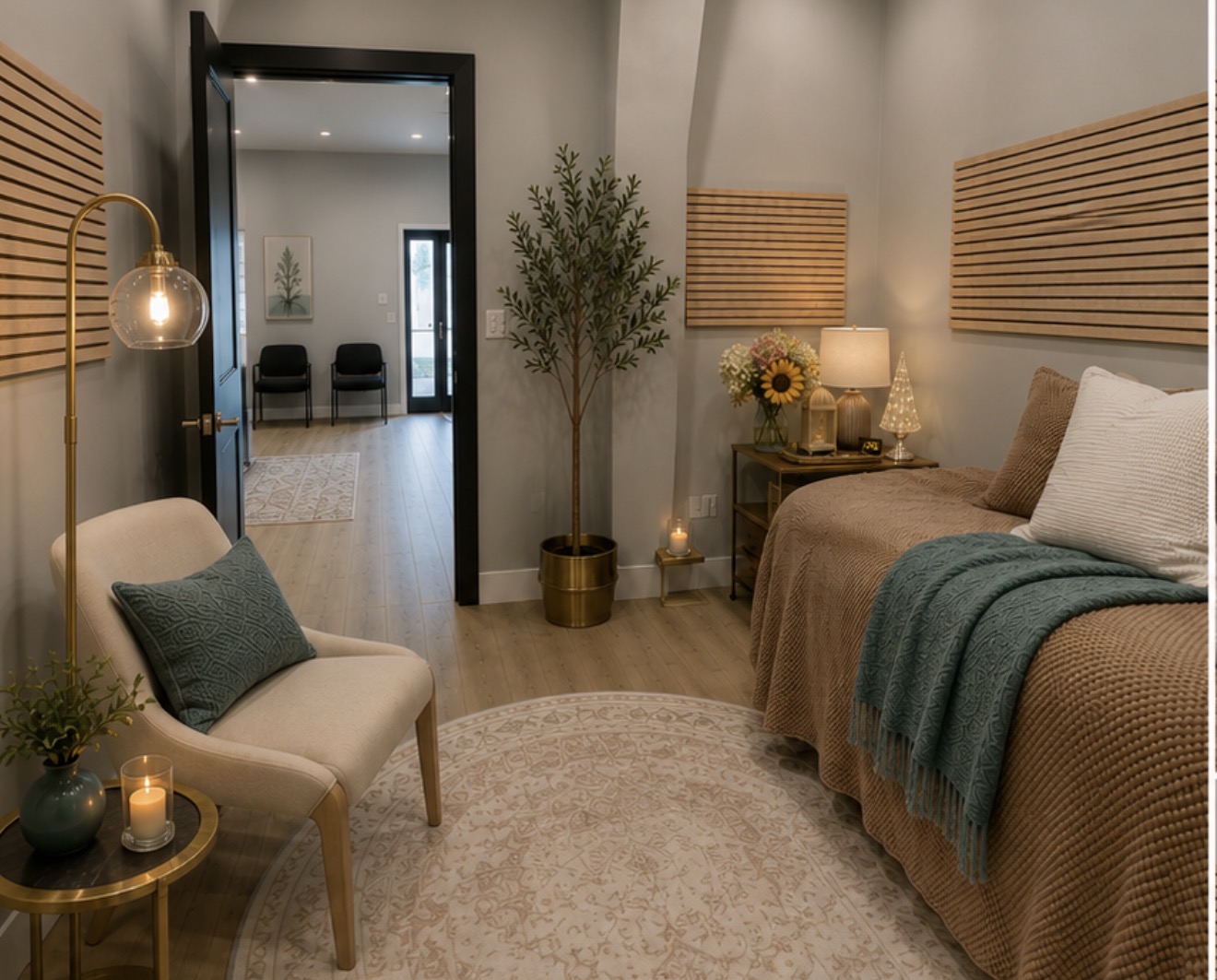 Warm session room with soft light, an armchair, and an open door to reception