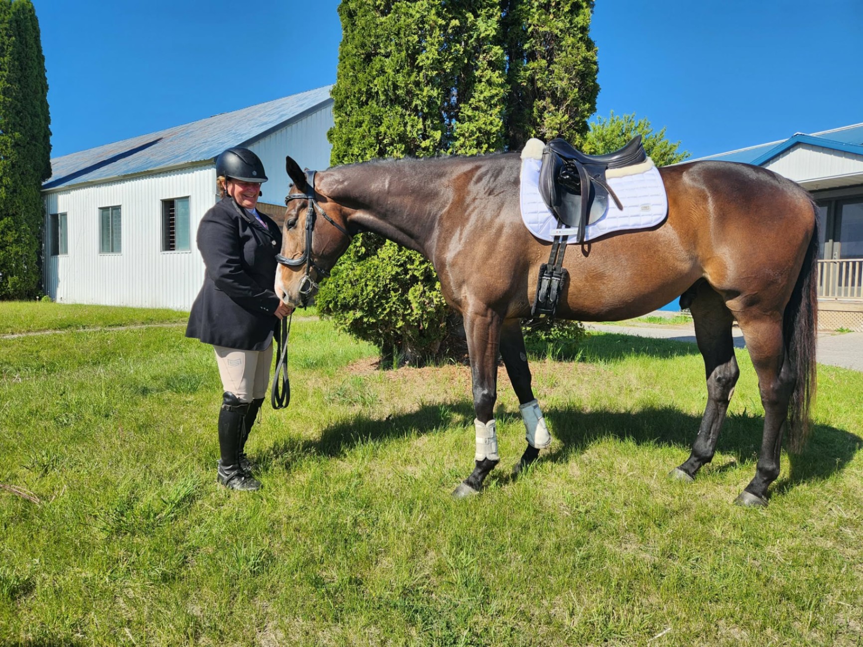 Linda Plank, founder of Sprucehaven Farm, standing beside a bay horse in show attire.