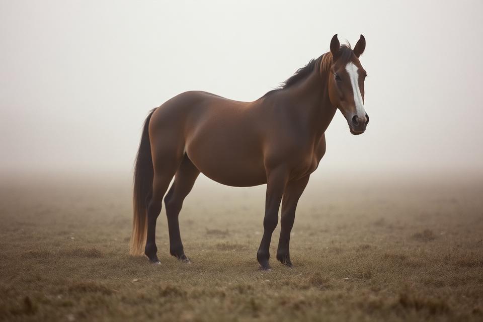 A horse standing calmly in a misty pasture