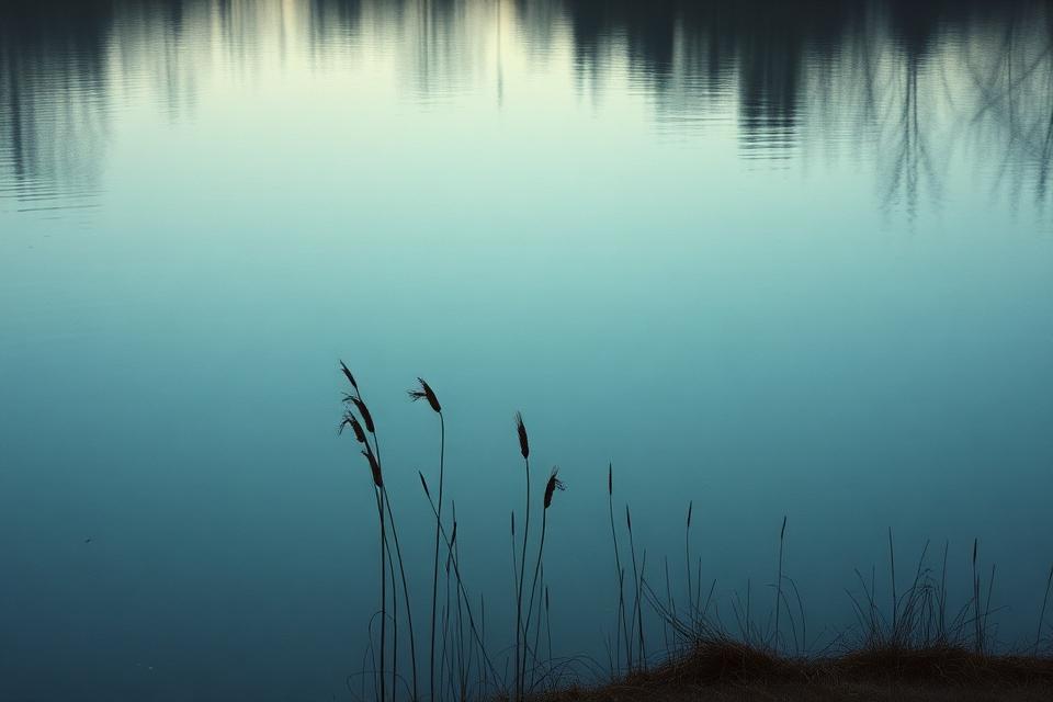 Still water at dawn with reeds along the shoreline