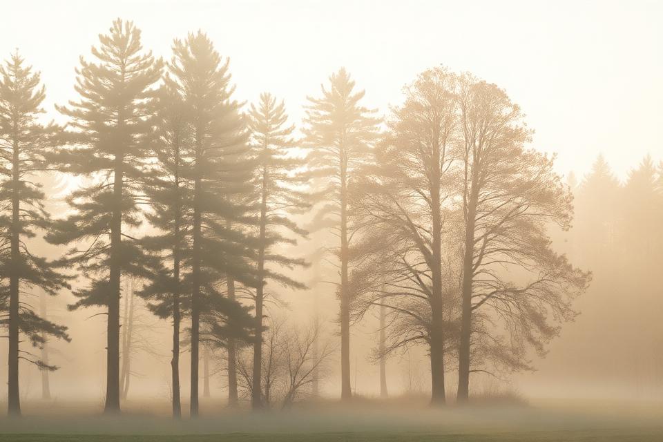 Morning mist drifting through a quiet stand of trees