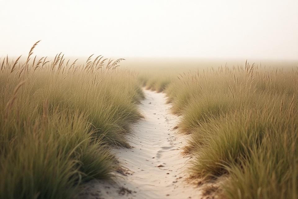 A soft footpath worn through tall grass leading into morning haze