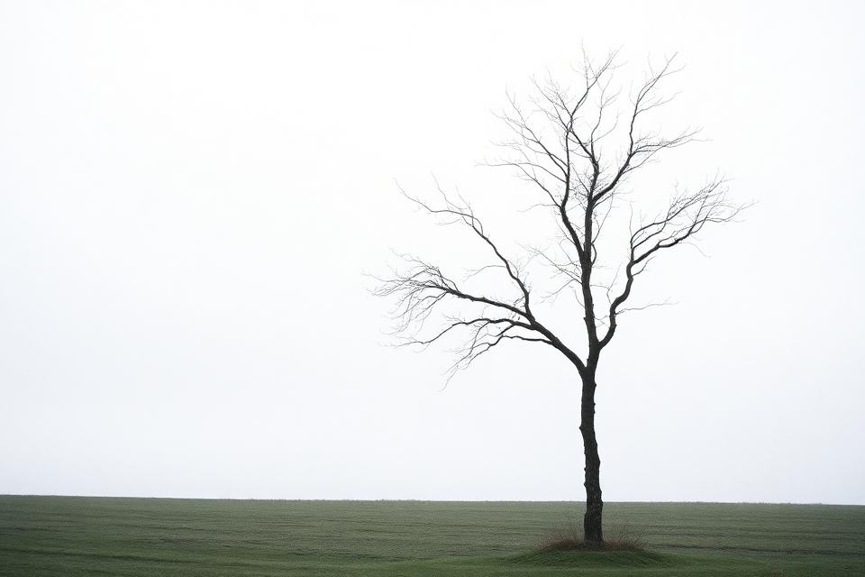 A single bare tree standing in an open field under a pale sky