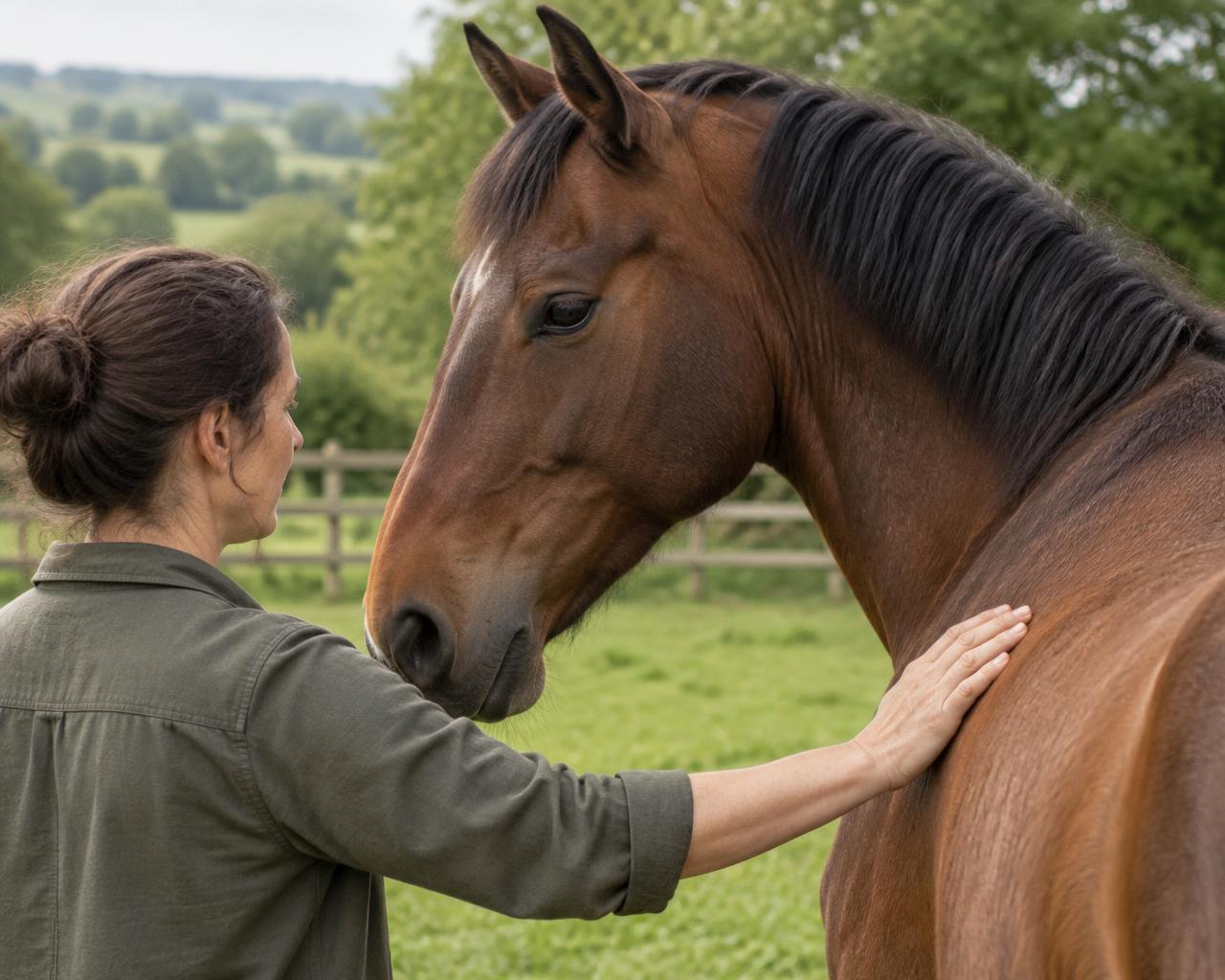 A gentle hand resting on a horse’s shoulder during a quiet moment of connection