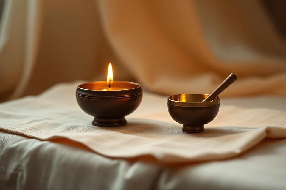 A lit candle and a small singing bowl resting on linen